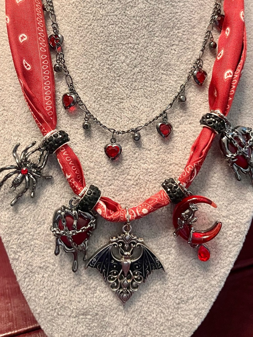 Red Gothic Bat & Charm Necklace Set
